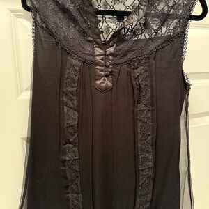 Sheer Black Lace-Detail Sleeveless Blouse